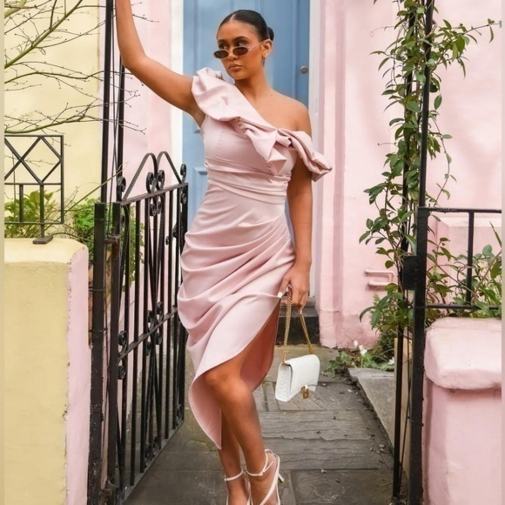 Womens Dresses | Blush Satin Off Shoulder Ruffle Midi Dress
